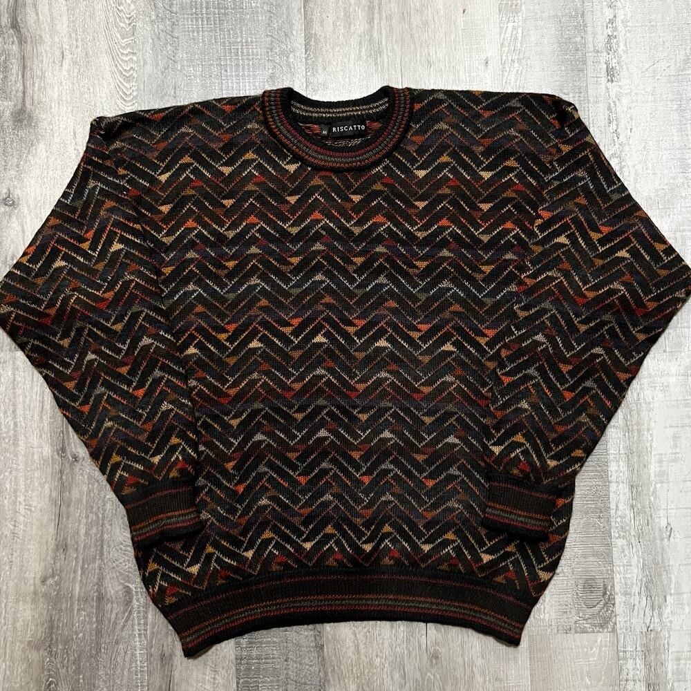 VTG Riscatto Alpaca Wool Knit Sweater Orange Geometric Pullover Bolivia Sz M